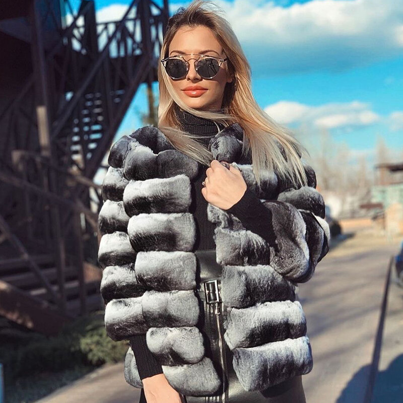 Real Rex Rabbit Fur Jacket Chinchilla Fur Coats With Stand Collar Short Fur Coat Women Warm Winter Outerwear