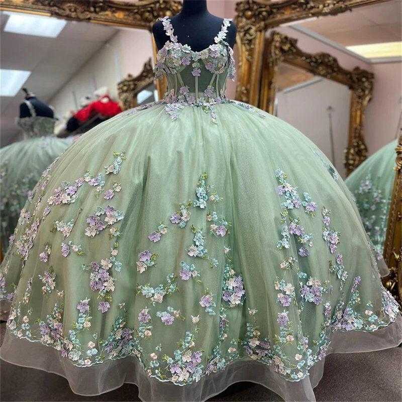 Charming Sparkly Sweetheart 3D Flowers Tull Quinceanera Dress Ball Gown Puffy Dress 16th Birthday Debut vestido de