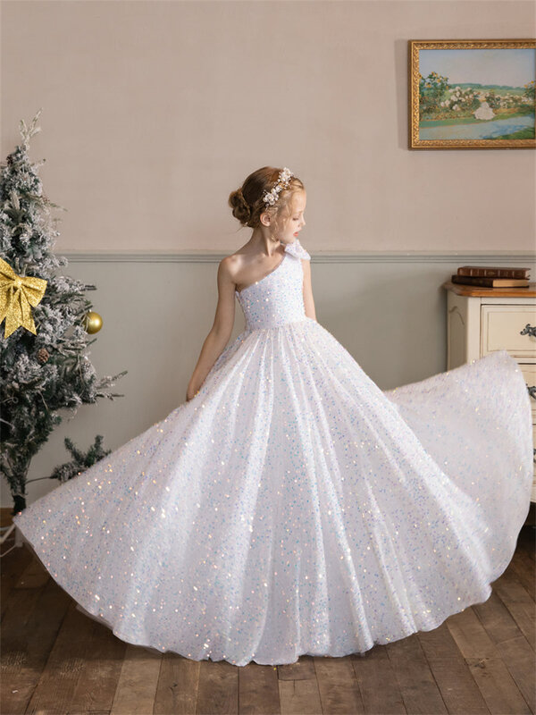 Exquisite One-Shoulder Velvet Sequin Flower Girls' Dresses for Wedding Sleeveless A-Line Floor-Length Backless Formal Dress