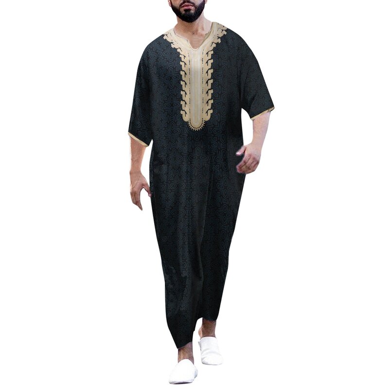 Robe árabe bordado vintage masculino, roupa muçulmana, monocromática, tamanho grande, moda islâmica, túnica de meia manga