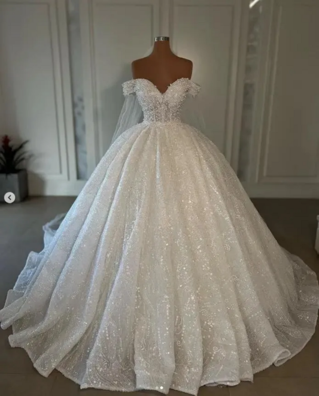 Vestido de noiva frisado de ombro brilhante para mulheres, princesa vestido de baile, vestidos de noiva, lantejoulas, 2024