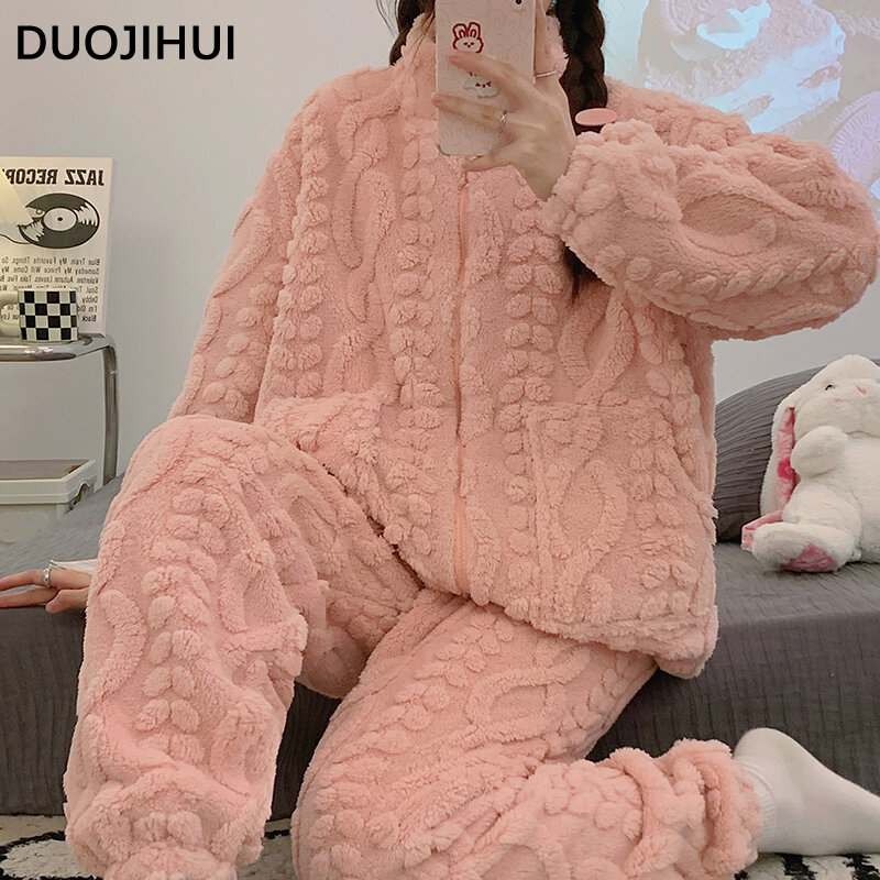 DUOJIHUI Winter Thick Warm Pure Color Female Sleepwear Sets Zipper Fashion Top Loose Casual Pant Flannel Soft Pajamas for Women