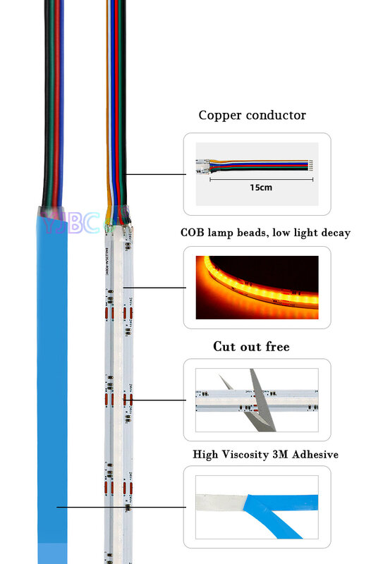 Rgbcct cob led strip 5 em 1, rgbwc, rgbwc, 24v, 840leds/m, fcob, colorido, flexível, 12mm