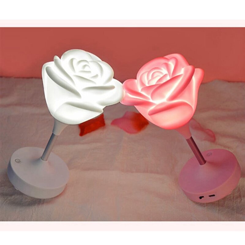 Lámpara de escritorio de flores de rosa, luz nocturna recargable, táctil, lámpara de mesita de noche, lámparas para Niñas para dormitorio