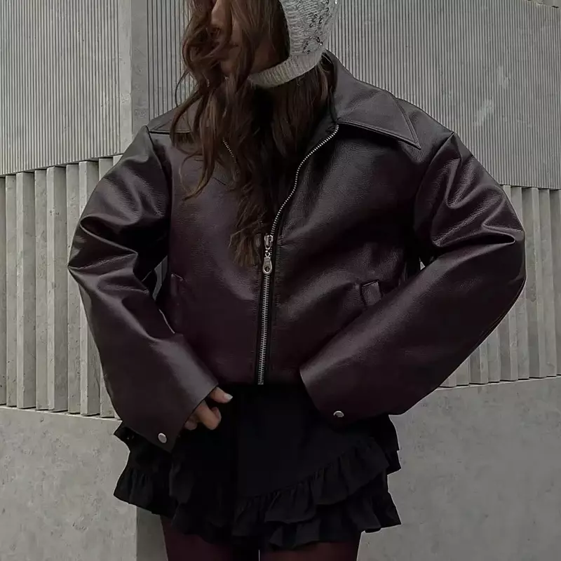 Jaket kulit wanita kerah Solid, mantel Pu lengan panjang ritsleting Vintage longgar 2024 untuk perempuan