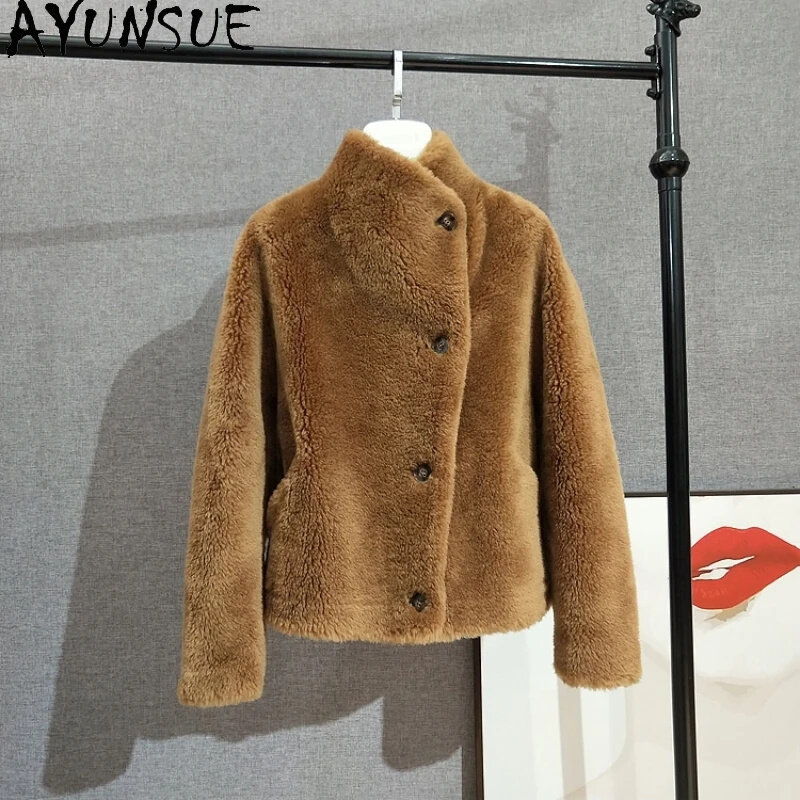 100% AYUNSUE 여성용 모직 재킷, 2024 리얼 퍼 짧은 코트, 여성 따뜻한 스타일, 스탠드 칼라 재킷 파카, 가을 겨울