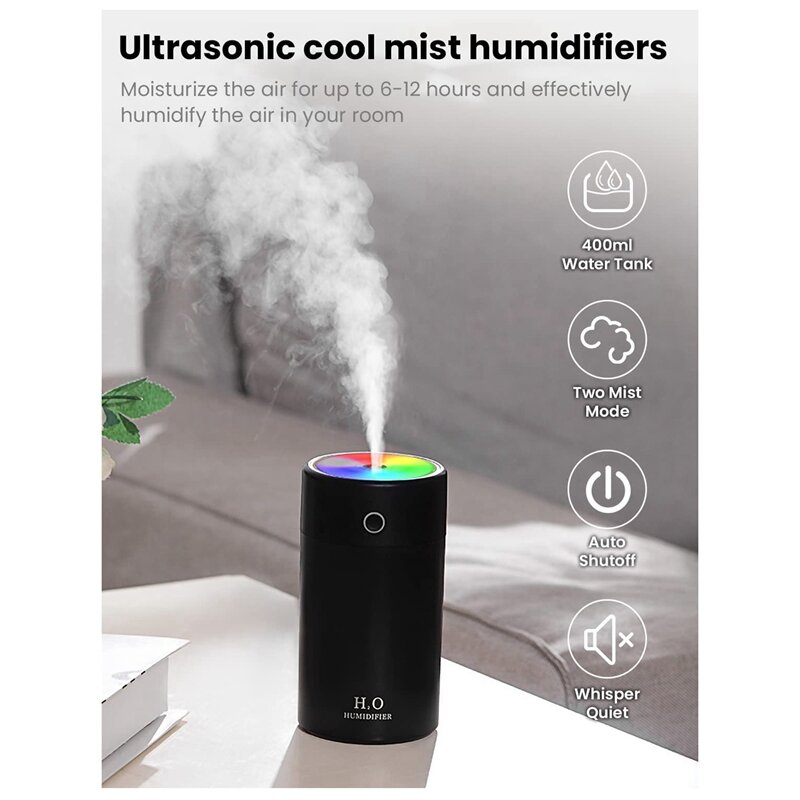Humidifier Mini USB Air Humidifier 400Ml With Colorful Night Light Auto Power Off For Home Car Bedroom Office