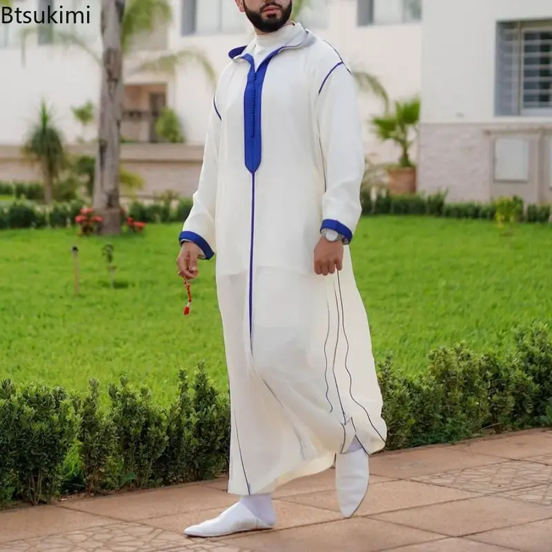 New 2024 Islamic Clothing Men Robe Kaftan Muslim Man Moroccan Casual Long Dress Arabic Striped Robe Middle East National Costume