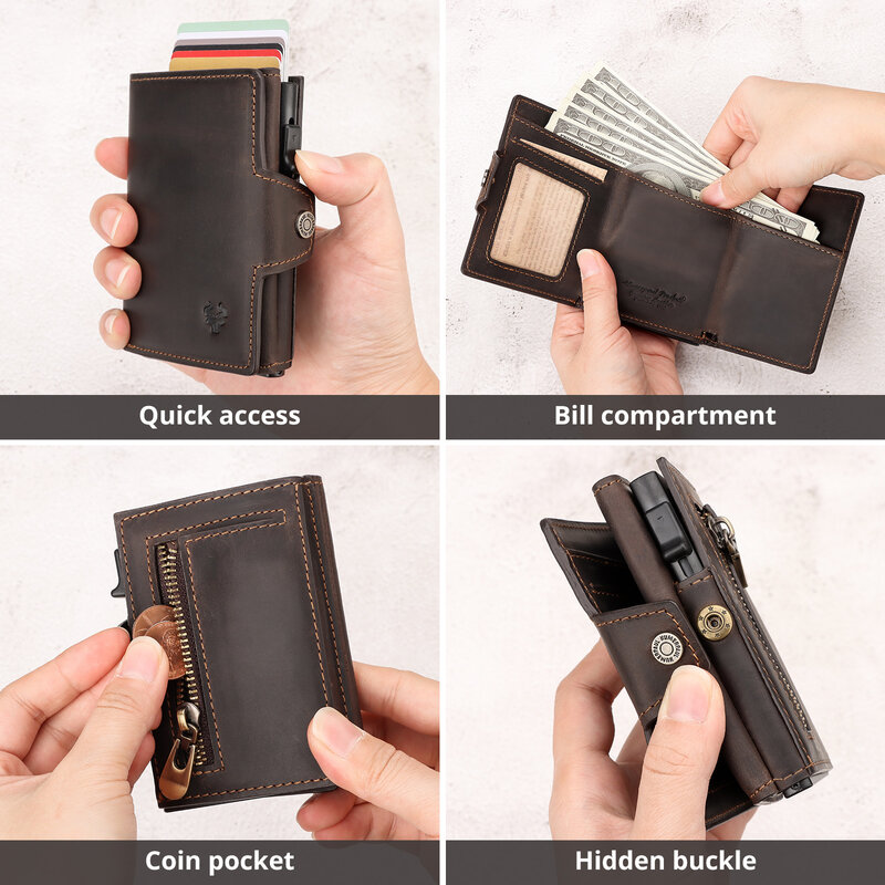 남성용 RFID 스마트 팝업 카드 지갑, 정품 가죽 카드 케이스, 슬림 여성 지퍼 동전 지갑, 메모 수납 공간, 8-10 카드