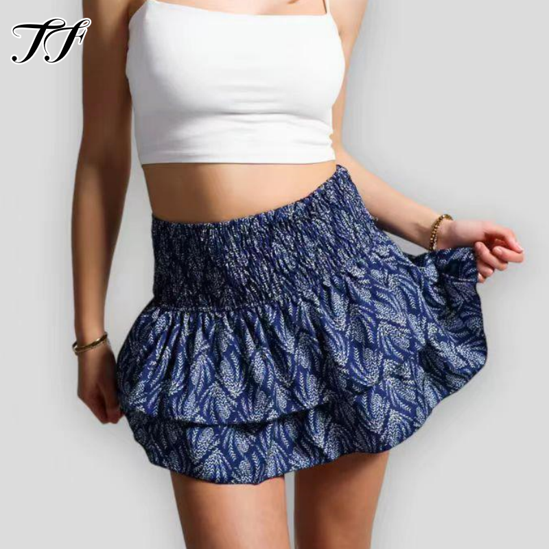 Юбка женская плиссированная с оборками, модная короткая с цветочным принтом, в стиле бохо, пикантная для отпуска, Y2k