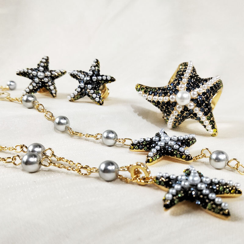 Jimat asli Idyllia kalung gelang anting-anting perhiasan Set mewah kerang kalung bintang anting-anting romantis hadiah untuk wanita