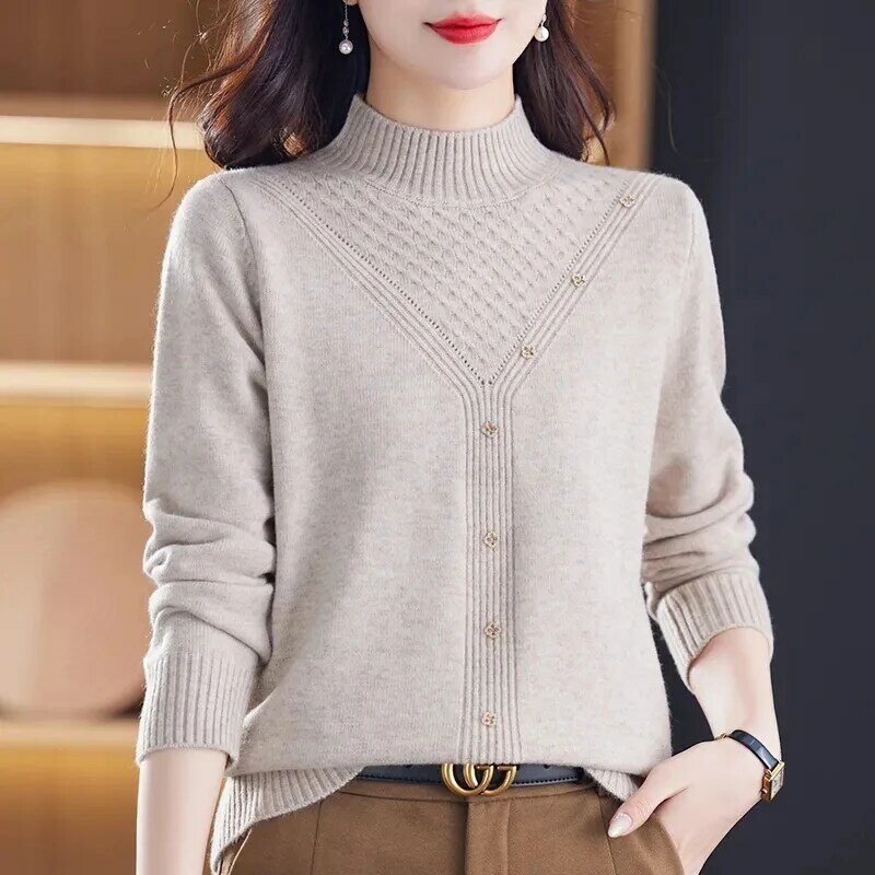 Jersey de punto de Cuello medio alto para mujer, suéter informal coreano, camisa inferior que combina con todo, otoño e invierno, novedad