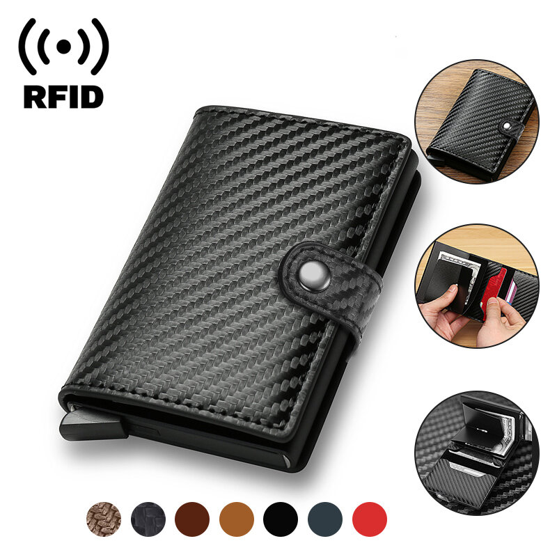 Portafoglio porta carte di credito in fibra di carbonio da uomo Rfid Smart Metal sottile sottile portafoglio minimalista Pop-Up piccola borsa nera in metallo