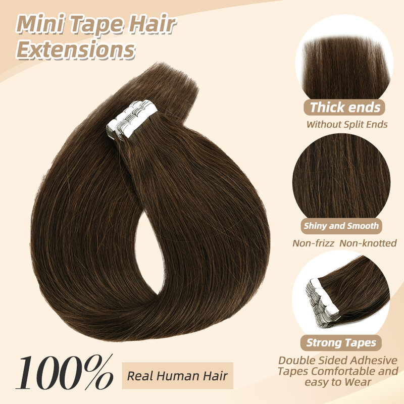 Neitsi-extensiones de cinta de cabello humano Natural para mujer, pelo largo y liso de trama de piel adhesiva, 12 "-28", Color negro y marrón