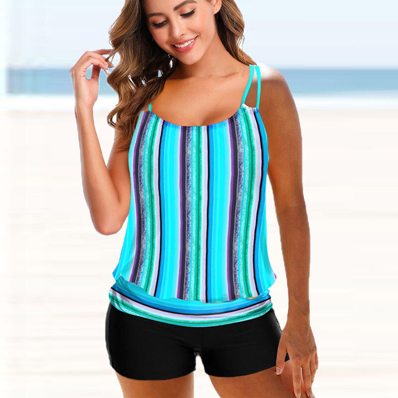 ฤดูร้อนผู้หญิง Tankini เซ็กซี่ Monokini Beachwear Stripe พิมพ์กางเกงว่ายน้ำสูงเอว2ชิ้นชุดว่ายน้ำแฟชั่นชุดว่ายน้ำหลวม
