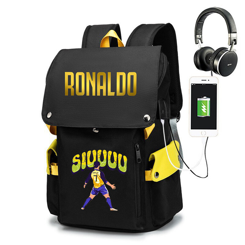 Plecak dla uczniów szkół podstawowych i średnich Ronaldo z nadrukiem Plecak młodzieżowy Torba podróżna na świeżym powietrzu w stylu USB