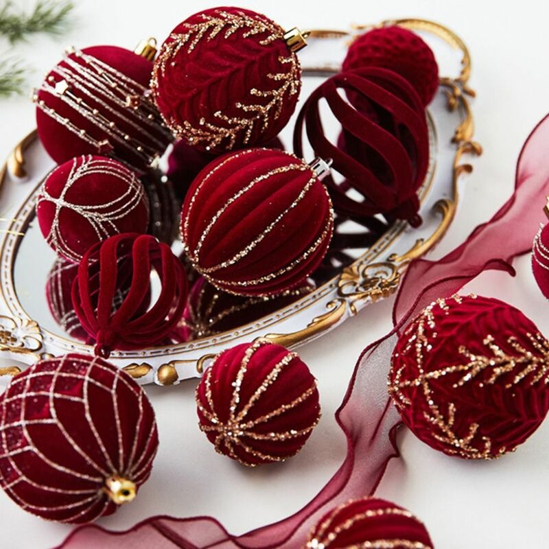 Bolas de Navidad de flocado rojo vino, 4 piezas, 6/8cm, brillantes, varias combinaciones de estilos, decoración de árbol de Navidad con lentejuelas