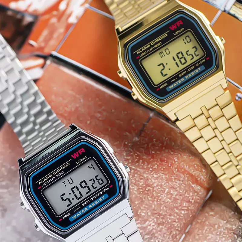 F91W 스테인리스 스틸 밴드 시계, 럭셔리 방수 레트로 디지털 스포츠 밀리터리 시계, 남녀공용 전자 손목 시계