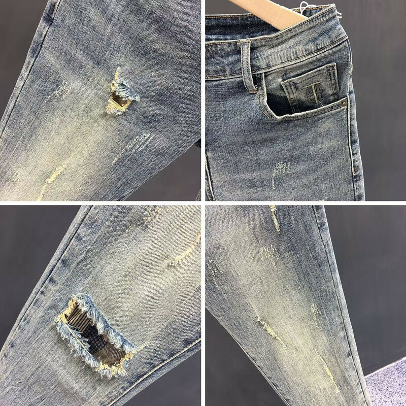 Nowe męskie retro niebieskie sprane dżinsy skinny z postarzanymi dziurami Casual Slim Denim Pants Wiosna Jesień Luksusowa odzież męska