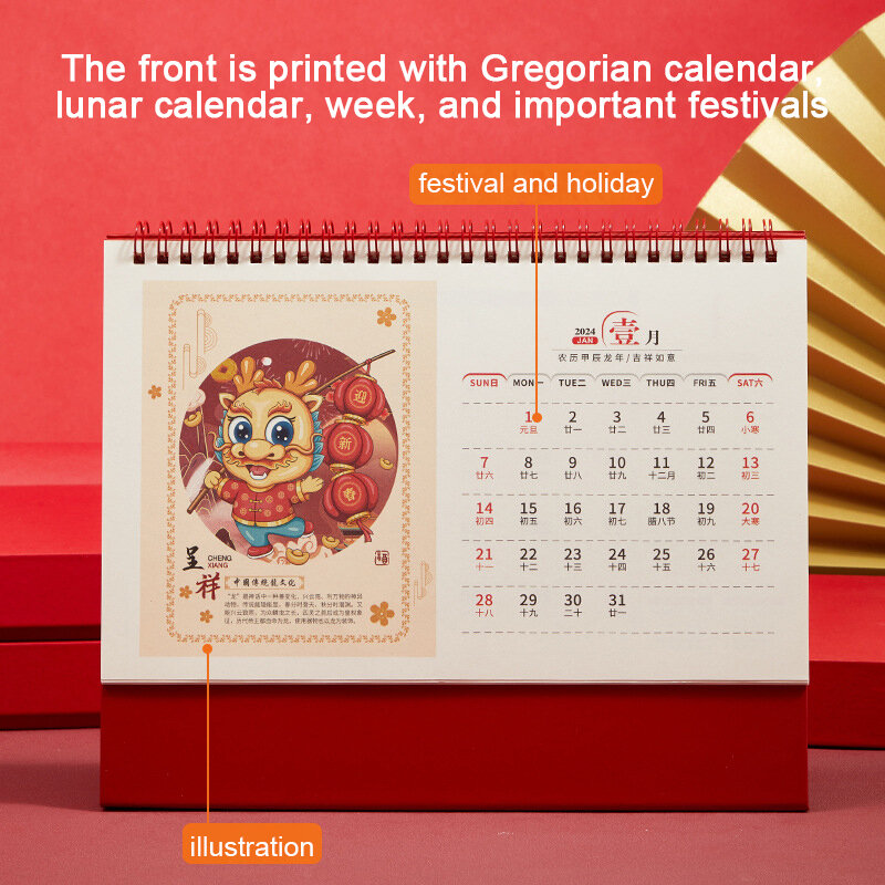 2024 chiński smok rok prosty kalendarz biurkowy Mini pulpit kalendarz papierowy dzienny harmonogram Planner nowy rok prezent
