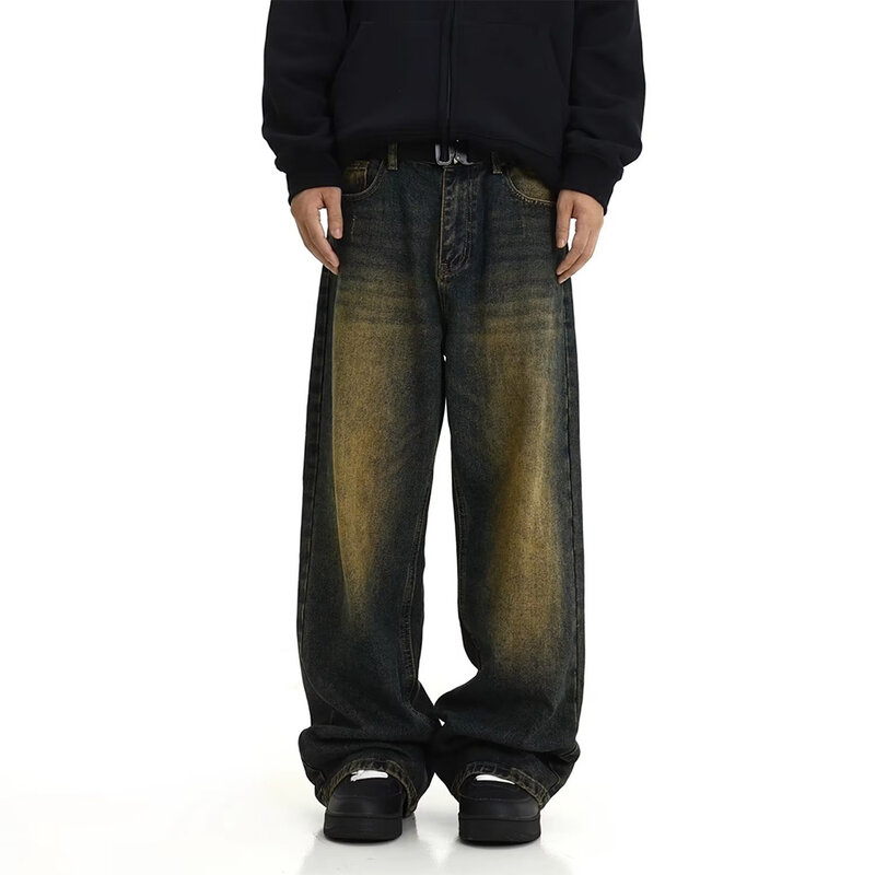 Calças de perna reta monocromática regular masculina, jeans largas com estilo, streetwear confortável masculino, moda