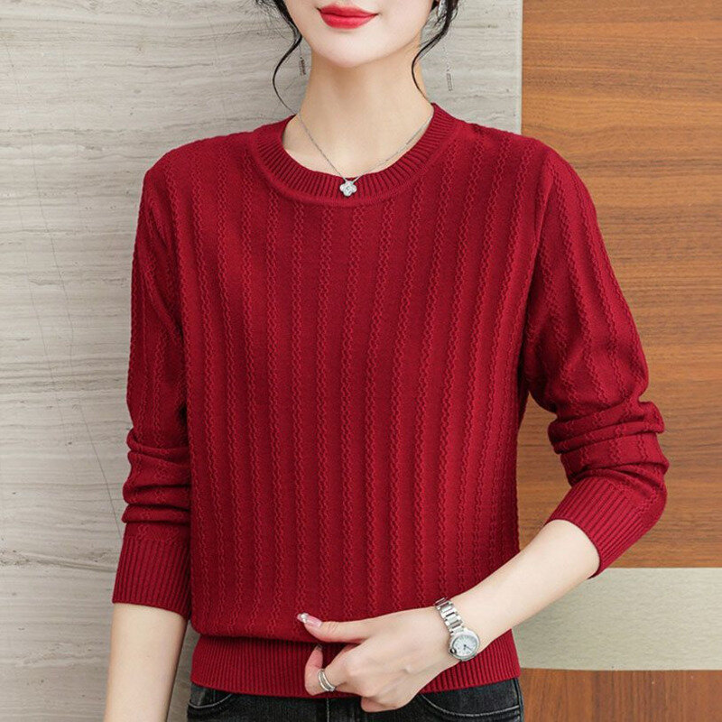 Suéter de malha casual feminino, gola redonda, manga longa, pulôver vintage, combina com tudo, estilo básico