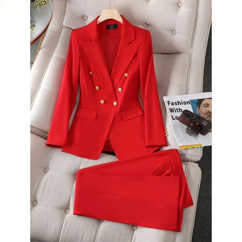 Conjunto de chaqueta y pantalón Formal con decoración de botones para mujer, ropa de trabajo, traje de pantalón, moda rosa, verde y negro, 2 piezas