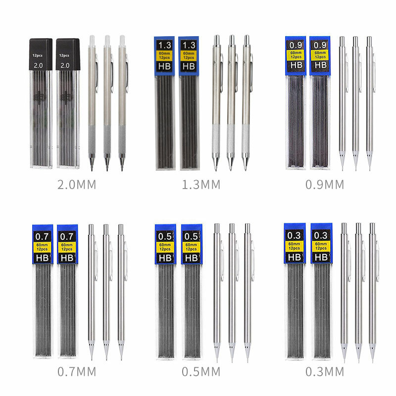 Set di matite meccaniche 0.3 0.5 0.7 0.9 1.3 2.0mm Full Metal Art Drawing Painting matita automatica con derivazioni forniture scolastiche per ufficio