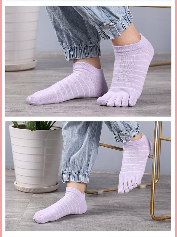 Носки женские короткие с пальцами, хлопковые однотонные носки-лодочки с полосками, повседневные носки с 5 пальцами, 5 пар