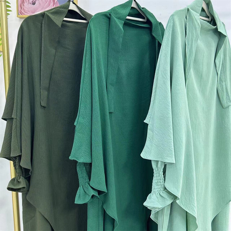Khimar Abaya 여성용 주름 원단 스모크 커프 드레스 및 2 겹 히잡 스카프 기도복, 이슬람 질밥, 라마단 무슬림 세트