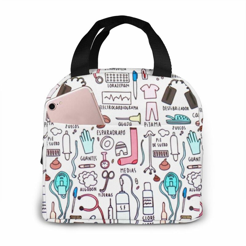 Portable Nurse Bag Insulated Lunch Bags Women Cute Nurse Print Food Case Tote Cooler Bento Bag for Kids Lunch Pouch