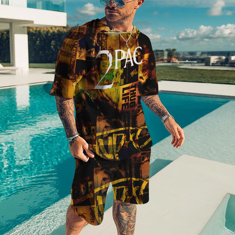2023 Penyanyi Rap 2pac Set Kaus Pria Trendi Gambar Cetak 3D Tupac Hip Hop Pakaian Jalanan Ukuran Besar Leher-o Lengan Pendek Kaus Mode Kain