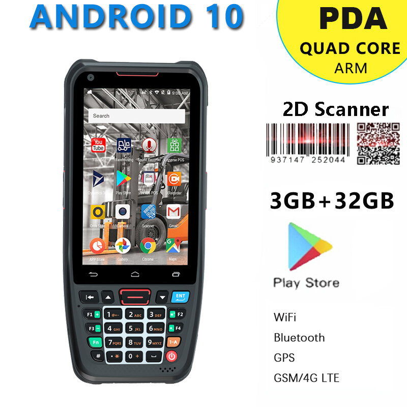 Handheld Android 10 PDA Barcode Scanner, Coletor de Dados Terminal, Terminal Robusto, 3G, 32G, 4G, GPS, Bluetooth, WiFi, 2D, Logística