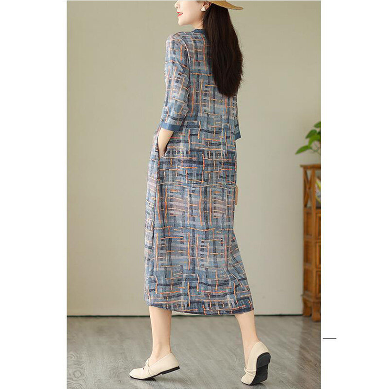 Fashion V-Neck All-match Printing Pockets Loose Casual Dresses Women Clothing 2024 Summer New Oversized Commuter Midi Dress