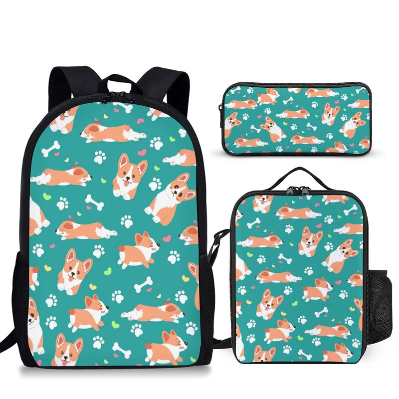 Corgi gambar anjing 3 buah, Set tas sekolah remaja perempuan laki-laki, ransel kasual, tas buku pelajar dengan tas makan siang dan pensil