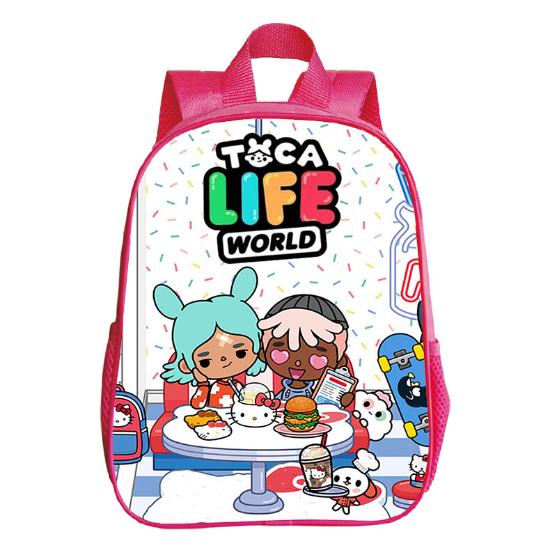Toca Life World Print Mochila para meninas, mochila infantil impermeável, Bagpack do jardim de infância, bebê, criança pequena rosa Bookbag, 12"