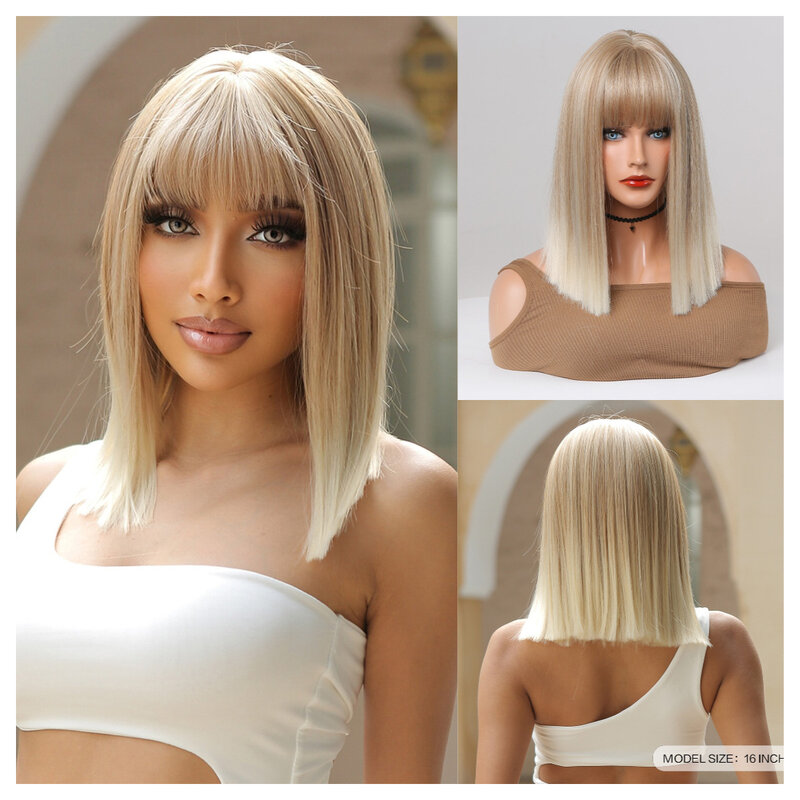 Wig hair set European and American style Qi bangs blonde gradient mid-length straight hair wig