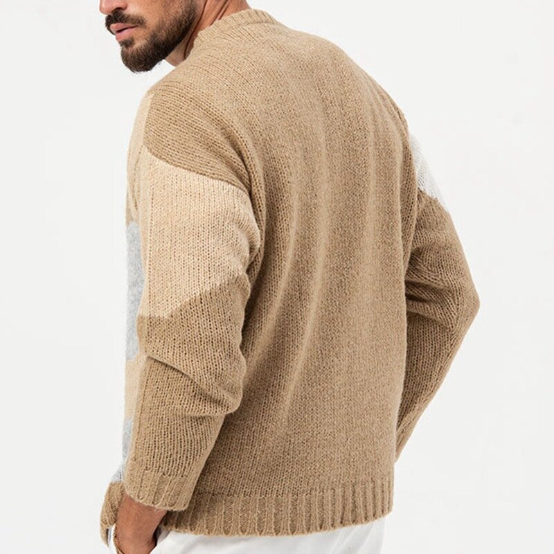 Suéter de ganchillo de manga larga con cuello redondo para hombre, Tops de punto casuales sueltos, suéteres de ocio de otoño e invierno, Color de contraste de moda