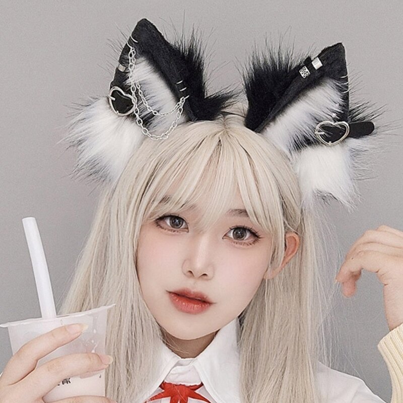 Punk Cute Cat Ears Cosplay Hair Hoop with Dangle Jewelry Woman Teens Headband for Live Broadcast Carnivals Hairband