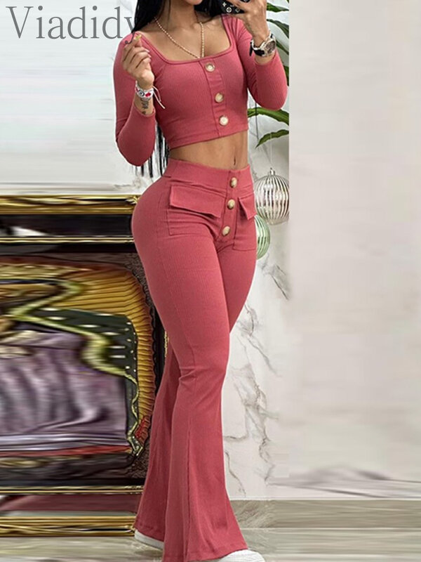 Women High Quality Square Neck Buttoned Top and Pocket Design Flared Pants Set
