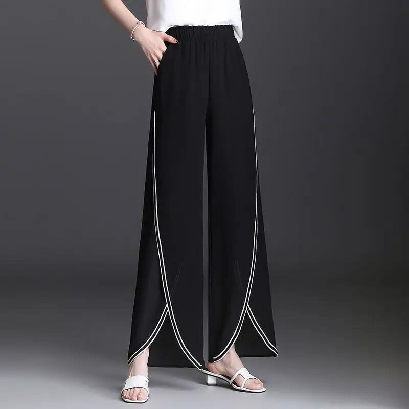 Pantalones elásticos de cintura alta para mujer, ropa de pierna ancha de Color sólido, empalmada, decoración de línea brillante, moda de verano