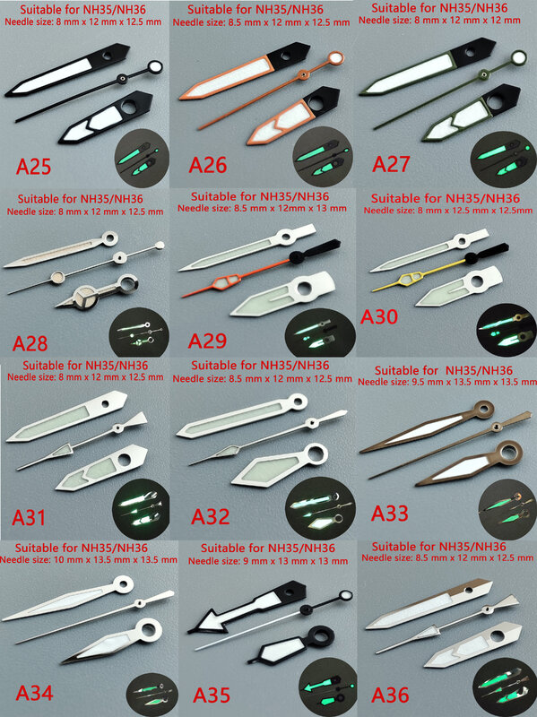 Стрелки для часов NH35 NH36 стрелки зеленые светящиеся стрелки секундные стрелки Аксессуары Часы стрелки серебряные стрелки