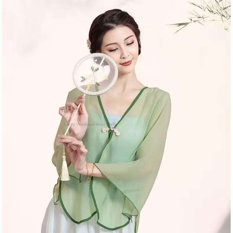 Atasan Wanita sifon tradisional Cina blus kardigan tari rakyat Cina kuno blus Cheongsam Atasan kemeja Hanfu bordir