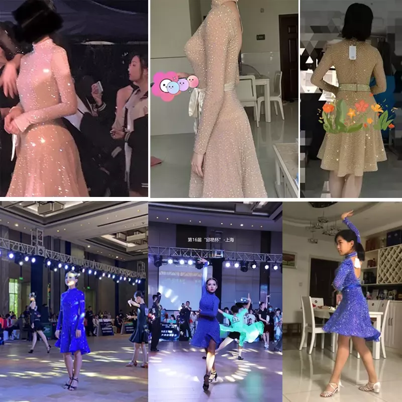 Sexy Long Sleeve Latin Dance Dress Women Rhinestones Samba Dresses Ballroom Competition Stage Performance Skirts Stretch Fabric