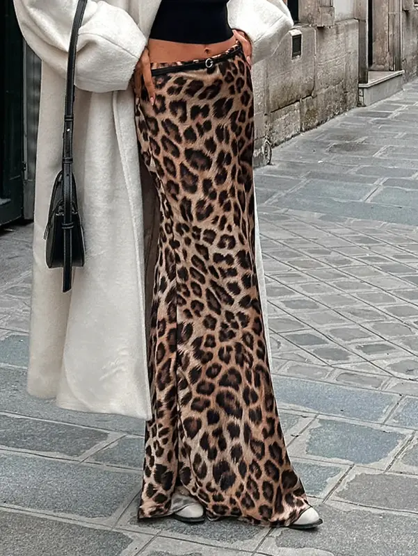 Wolfeel-Saia com estampa de leopardo feminina, saia rabo de peixe, cintura alta, longa, solta, elegante, chique, retrô, casual, verão