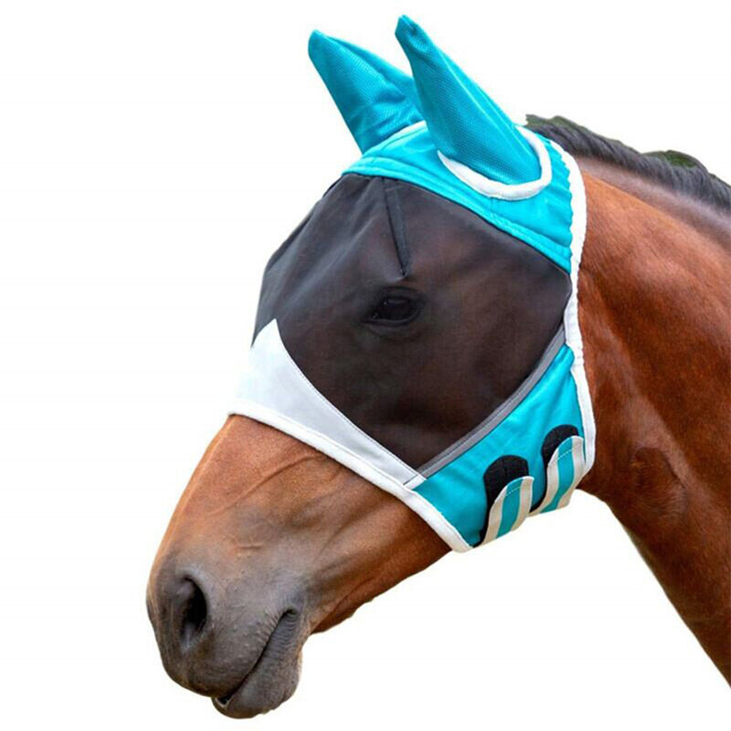 Masker lalat kuda kelas profesional, masker lalat nyaman dan daya tahan dapat diatur untuk kuda Biru S