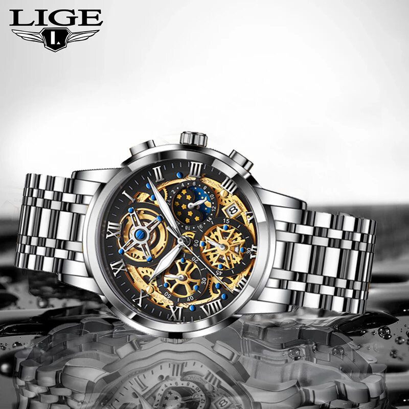 Часы наручные LIGE Мужские кварцевые, водонепроницаемые спортивные деловые, из нержавеющей стали