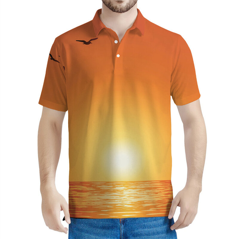 Polo masculino e feminino com botão impresso em 3D, camisa retrô Sunset, extragrande, mangas curtas, tops casuais, camiseta com lapela de rua, verão