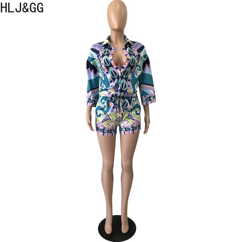 HLJ & GG Retro África Conjuntos de 2 peças para mulheres, gola virada para baixo, camisa de botão e shorts, roupas femininas, streetwear, primavera, novo
