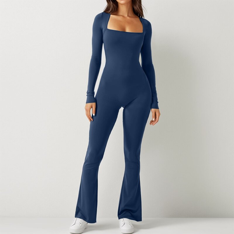 Women's Sexy Solid Color Square Neck Long Sleeve Pants Jumpsuit Shapewear Waist Tightening Waist Lifting High Elasticity Rompers